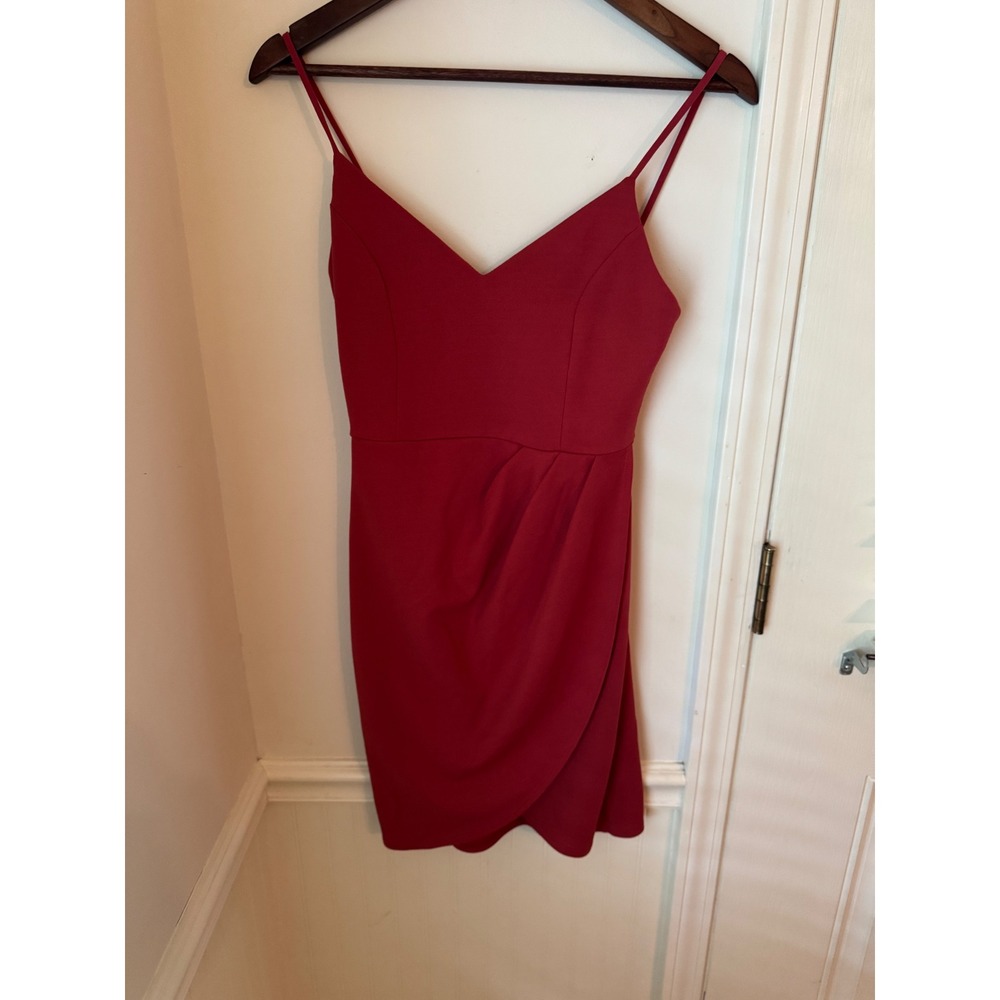 Lulus Red/Orange V-Neck Tulip Mini Dress Womens Medium Pleated Faux Wrap Bodycon